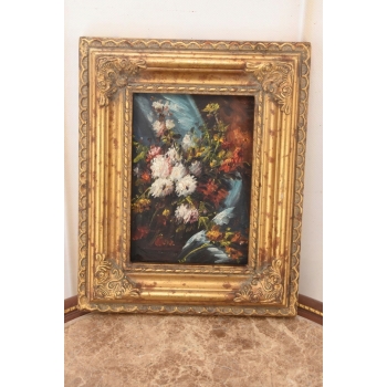 Kolorowe Kwiaty - Martwa Natura - Obraz Olejny Zdobiona Złota Rama