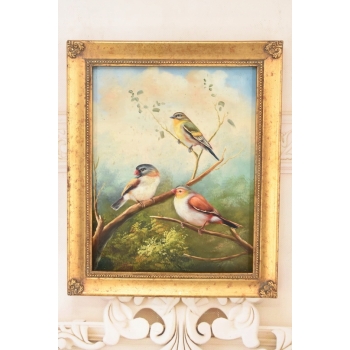 Trzy Kolorowe Ptaki Na Gałęzi - Ptaszki - Obraz Olejny Złota Zdobiona Rama