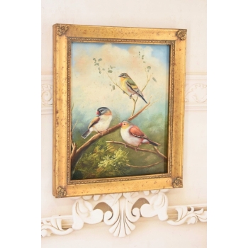 Trzy Kolorowe Ptaki Na Gałęzi - Ptaszki - Obraz Olejny Złota Zdobiona Rama