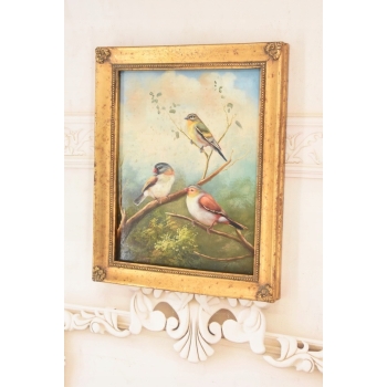 Trzy Kolorowe Ptaki Na Gałęzi - Ptaszki - Obraz Olejny Złota Zdobiona Rama