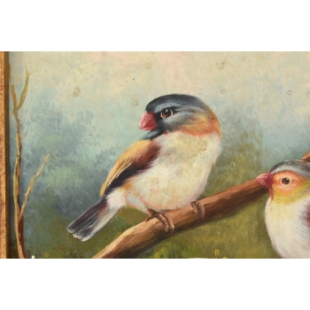 Trzy Kolorowe Ptaki Na Gałęzi - Ptaszki - Obraz Olejny Złota Zdobiona Rama