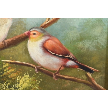 Trzy Kolorowe Ptaki Na Gałęzi - Ptaszki - Obraz Olejny Złota Zdobiona Rama