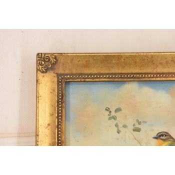 Trzy Kolorowe Ptaki Na Gałęzi - Ptaszki - Obraz Olejny Złota Zdobiona Rama