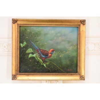 Piękna Kolorowa Papuga Na Gałęzi - Obraz Olejny - Złota Zdobiona Rama