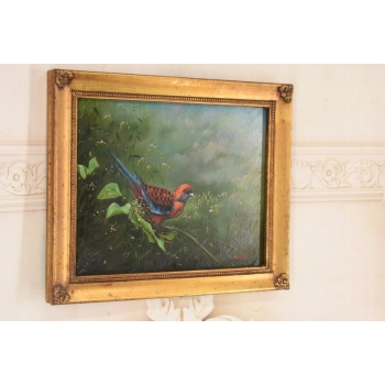 Piękna Kolorowa Papuga Na Gałęzi - Obraz Olejny - Złota Zdobiona Rama