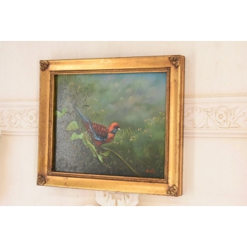 Piękna Kolorowa Papuga Na Gałęzi - Obraz Olejny - Złota Zdobiona Rama