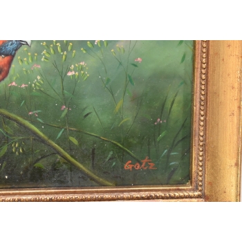 Piękna Kolorowa Papuga Na Gałęzi - Obraz Olejny - Złota Zdobiona Rama