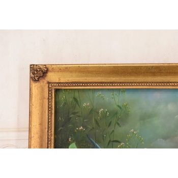 Piękna Kolorowa Papuga Na Gałęzi - Obraz Olejny - Złota Zdobiona Rama