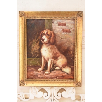 Portret Szczeniaka w Złotej Ramie - Pies Piesek - Obraz Olejny Ozdobna Rama