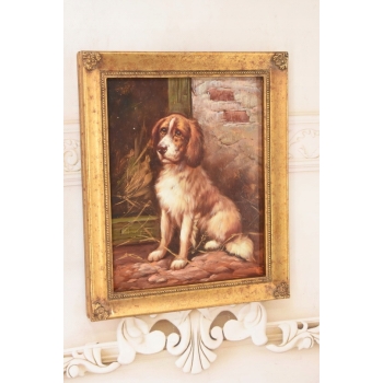 Portret Szczeniaka w Złotej Ramie - Pies Piesek - Obraz Olejny Ozdobna Rama