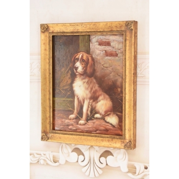 Portret Szczeniaka w Złotej Ramie - Pies Piesek - Obraz Olejny Ozdobna Rama