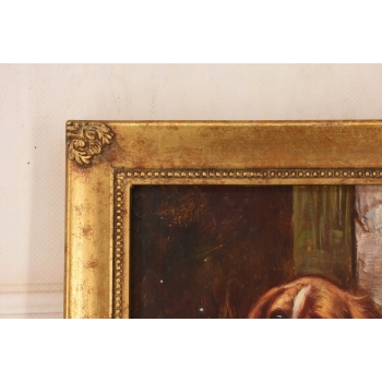 Portret Szczeniaka w Złotej Ramie - Pies Piesek - Obraz Olejny Ozdobna Rama