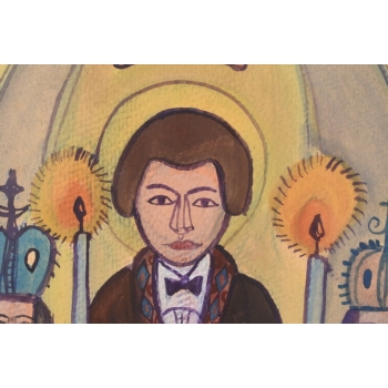 Nikifor Krynicki - Msza w Kościele - Ołtarz - Obraz Akwarela Ołówek