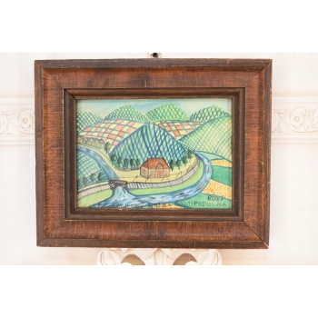 Nikifor Krynicki - Wiejska Chata Krajobraz Krynicy - Obraz Akwarela Ołówek