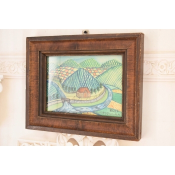 Nikifor Krynicki - Wiejska Chata Krajobraz Krynicy - Obraz Akwarela Ołówek