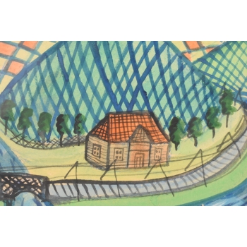 Nikifor Krynicki - Wiejska Chata Krajobraz Krynicy - Obraz Akwarela Ołówek