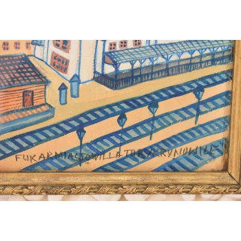 Nikifor Krynicki - Dworzec Kolejowy w Krynicy - Obraz Akwarela Ołówek