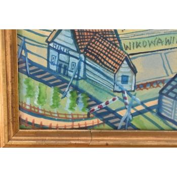 Nikifor Krynicki - Przejazd Kolejowy w Krynicy Zdrój Obraz Akwarela Ołówek