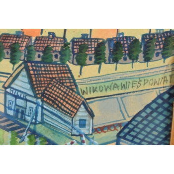 Nikifor Krynicki - Przejazd Kolejowy w Krynicy Zdrój Obraz Akwarela Ołówek