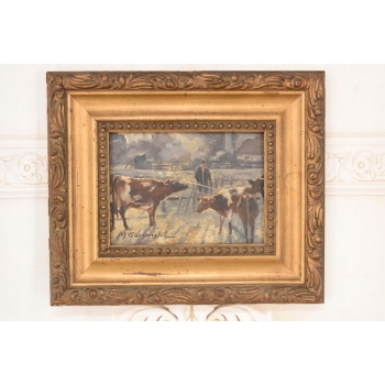 M. GIERYMSKI - Zimowa Wiejska Scena - Krowy z Zagrodzie - Obraz Olejny