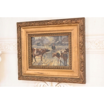 M. GIERYMSKI - Zimowa Wiejska Scena - Krowy z Zagrodzie - Obraz Olejny