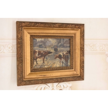 M. GIERYMSKI - Zimowa Wiejska Scena - Krowy z Zagrodzie - Obraz Olejny