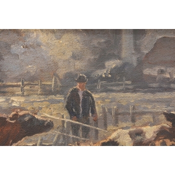 M. GIERYMSKI - Zimowa Wiejska Scena - Krowy z Zagrodzie - Obraz Olejny