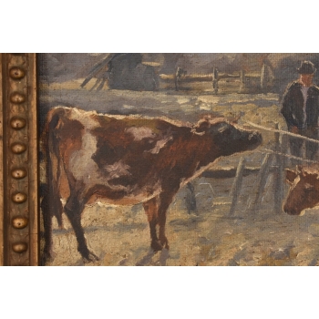 M. GIERYMSKI - Zimowa Wiejska Scena - Krowy z Zagrodzie - Obraz Olejny