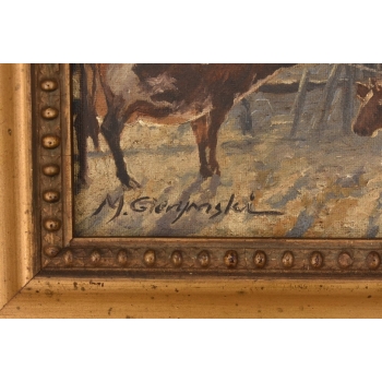 M. GIERYMSKI - Zimowa Wiejska Scena - Krowy z Zagrodzie - Obraz Olejny