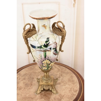 Muzealny Wazon Waza Amfora - Porcelana + Brąz - Ptaki - Dekoracja