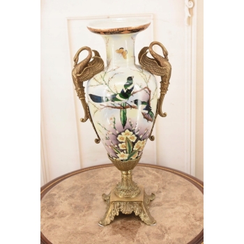Muzealny Wazon Waza Amfora - Porcelana + Brąz - Ptaki - Dekoracja