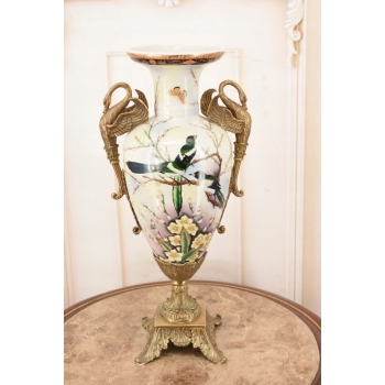 Muzealny Wazon Waza Amfora - Porcelana + Brąz - Ptaki - Dekoracja