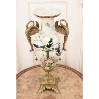 Muzealny Wazon Waza Amfora - Porcelana + Brąz - Ptaki - Dekoracja