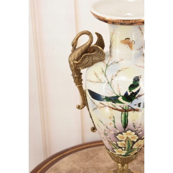 Muzealny Wazon Waza Amfora - Porcelana + Brąz - Ptaki - Dekoracja