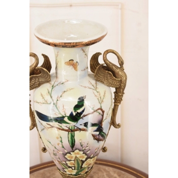 Muzealny Wazon Waza Amfora - Porcelana + Brąz - Ptaki - Dekoracja