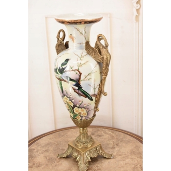 Muzealny Wazon Waza Amfora - Porcelana + Brąz - Ptaki - Dekoracja