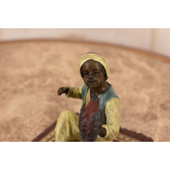 Chłopiec z Papuga Na Kocu - Figura Rzeźba z Brązu - Styl Vienna - Kolekcja