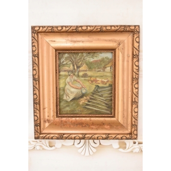 Józef Chełmoński - Kobieta Karmiąca Kury - Polska Wieś - Stary Obraz Olejny