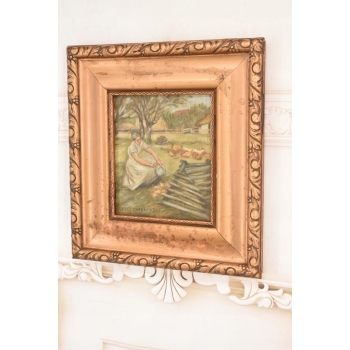 Józef Chełmoński - Kobieta Karmiąca Kury - Polska Wieś - Stary Obraz Olejny