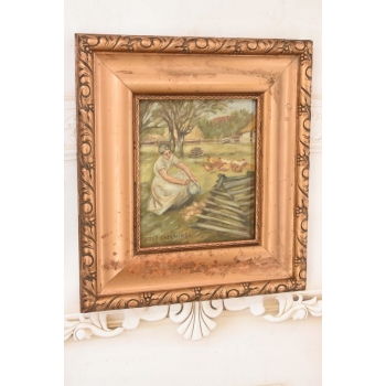 Józef Chełmoński - Kobieta Karmiąca Kury - Polska Wieś - Stary Obraz Olejny