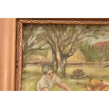 Józef Chełmoński - Kobieta Karmiąca Kury - Polska Wieś - Stary Obraz Olejny