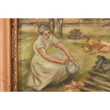 Józef Chełmoński - Kobieta Karmiąca Kury - Polska Wieś - Stary Obraz Olejny