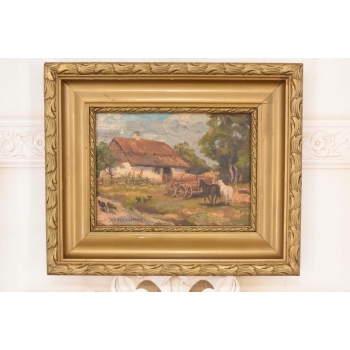 Jan Stanisławski - Pejzaż Polskiej Wsi - Konie w Zagrodzie - Obraz Olejny
