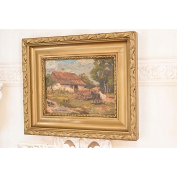 Jan Stanisławski - Pejzaż Polskiej Wsi - Konie w Zagrodzie - Obraz Olejny