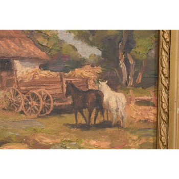 Jan Stanisławski - Pejzaż Polskiej Wsi - Konie w Zagrodzie - Obraz Olejny