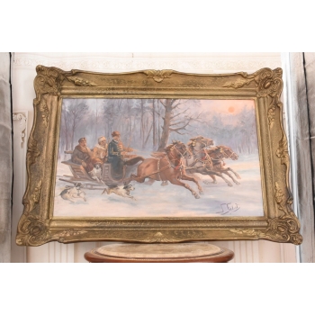 J. Fałat - Wyprawa Na Polowanie - Myśliwska Scena - Stary Obraz Olejny