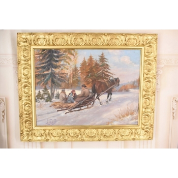 J Fałat - Wyprawa Na Targ - Zimowa Scena - Duży Obraz Olejny Unikalna Rama