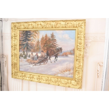 J Fałat - Wyprawa Na Targ - Zimowa Scena - Duży Obraz Olejny Unikalna Rama