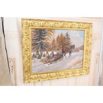 J Fałat - Wyprawa Na Targ - Zimowa Scena - Duży Obraz Olejny Unikalna Rama