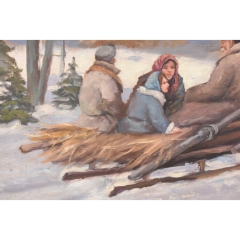 J Fałat - Wyprawa Na Targ - Zimowa Scena - Duży Obraz Olejny Unikalna Rama